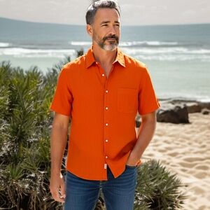 Club‎ Room Luxury Mens Linen Shirt XL Short Sleeve Button Front Orange Tropical